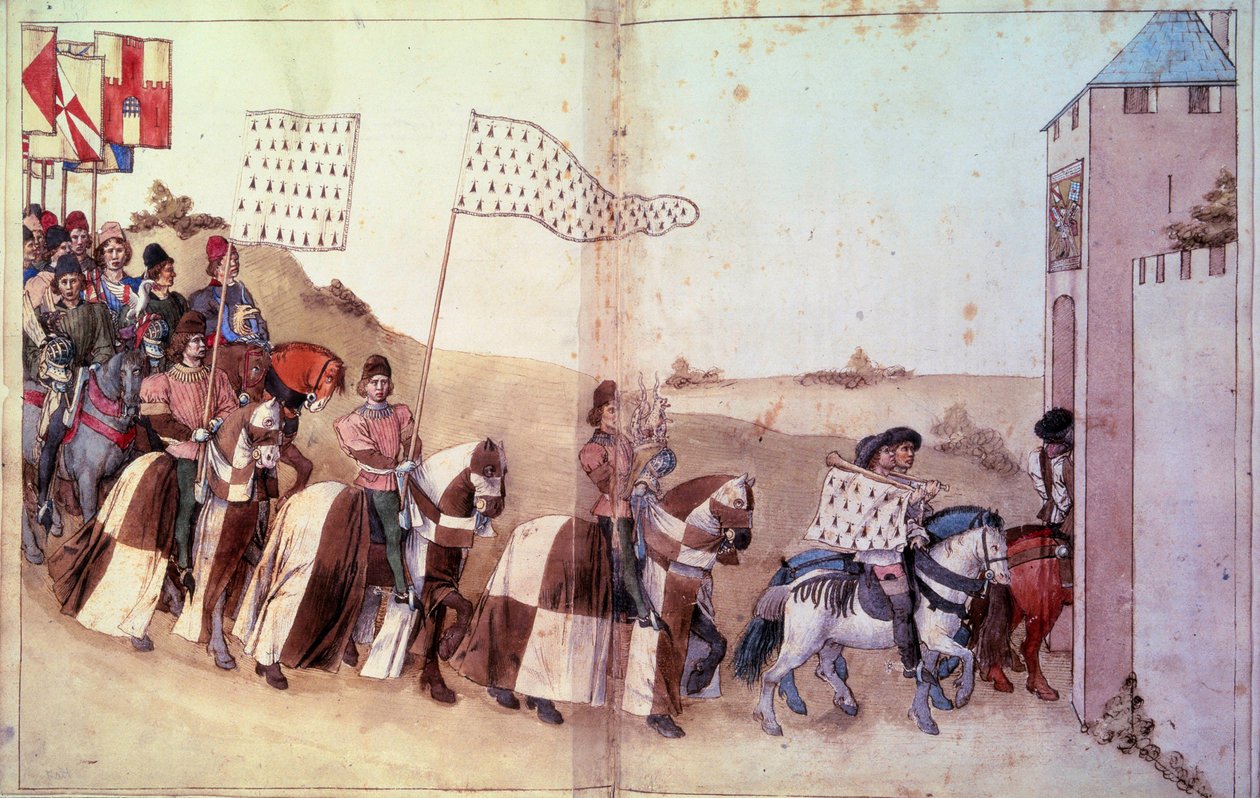 Ingången till kortegen, bärande rodret och fanan för hertigen av Bretagne, i klostret. Manuskript "" Behandlar formuläret och citaten när vi gör turneringarna"" (Folio 46V-47) av Rene d