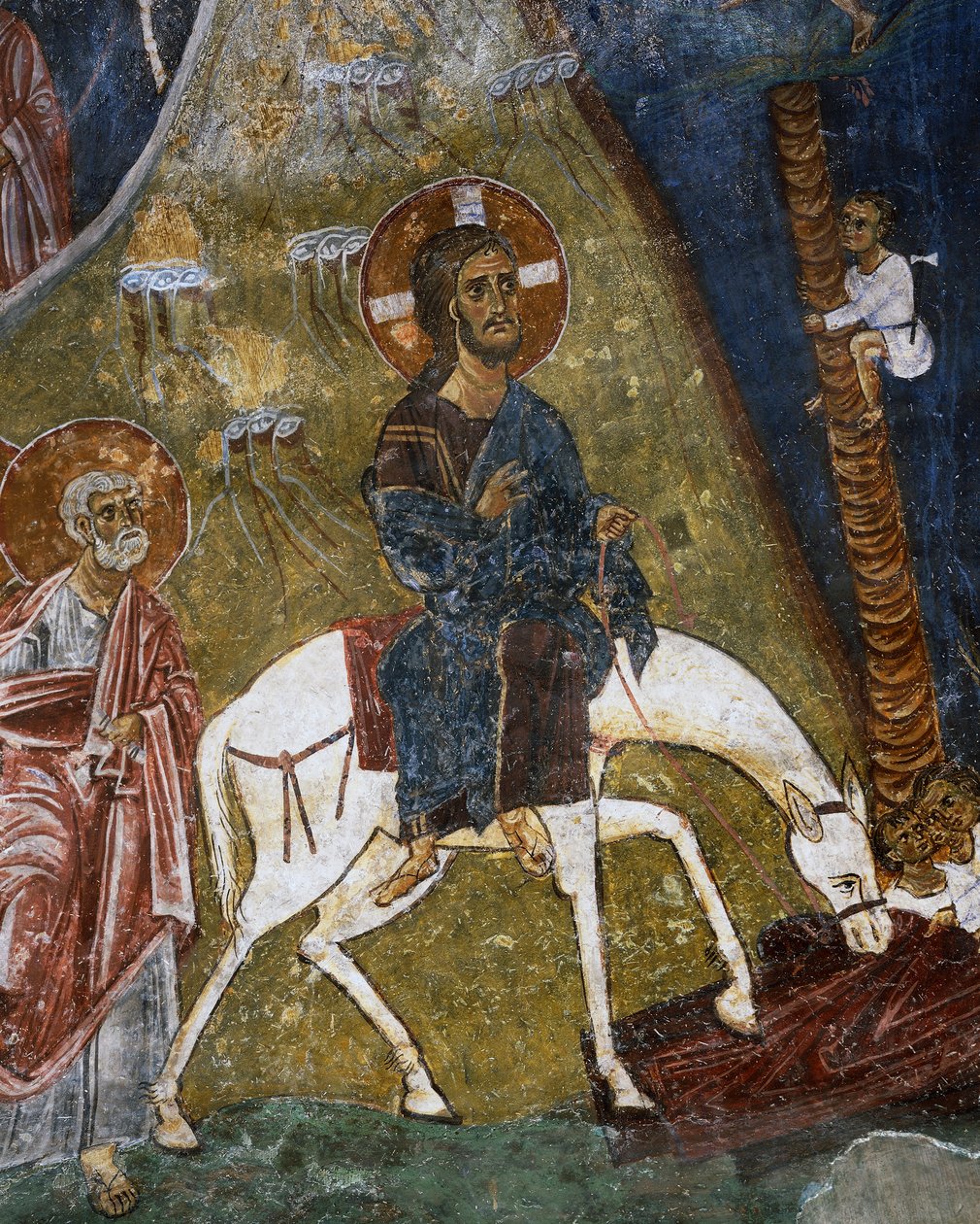 Kristi intåg i Jerusalem, fresk (1100-talet), Ayios Nikolaos tis Steyis (Sankt Nikolaus av taket) (1000-talet) (Unescos världsarvslista, 2001), Troodosbergen, Cypern, detalj av Unknown artist