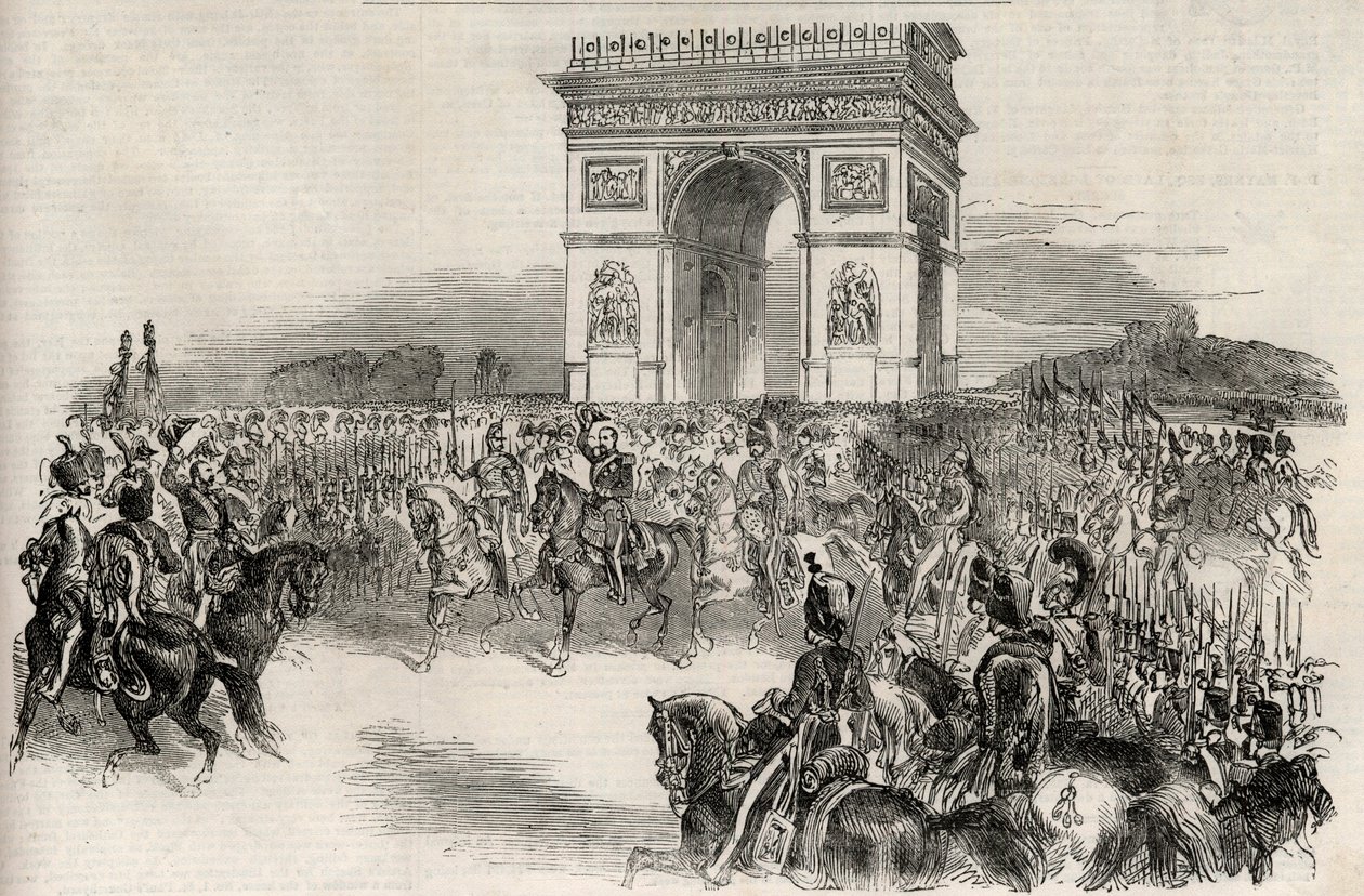 Napoleon III:s intåg i Paris genom Triumfbågen den 2 december 1852, gravyr - Den franske kejsaren Napoleon III (1808-1873) går in i Paris den 2/12/1852 - av Unknown artist