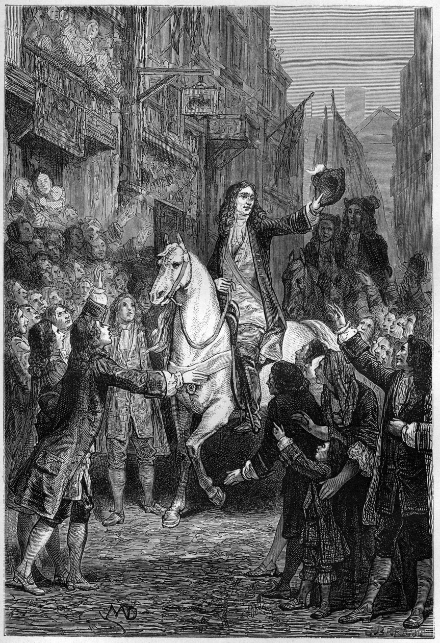 Vilhelm III av Englands intåg i London efter hans nederlag mot franska trupper - Triumferande intåg av Vilhelm III av Orange-Nassau till London 1692 - gravyr i "L