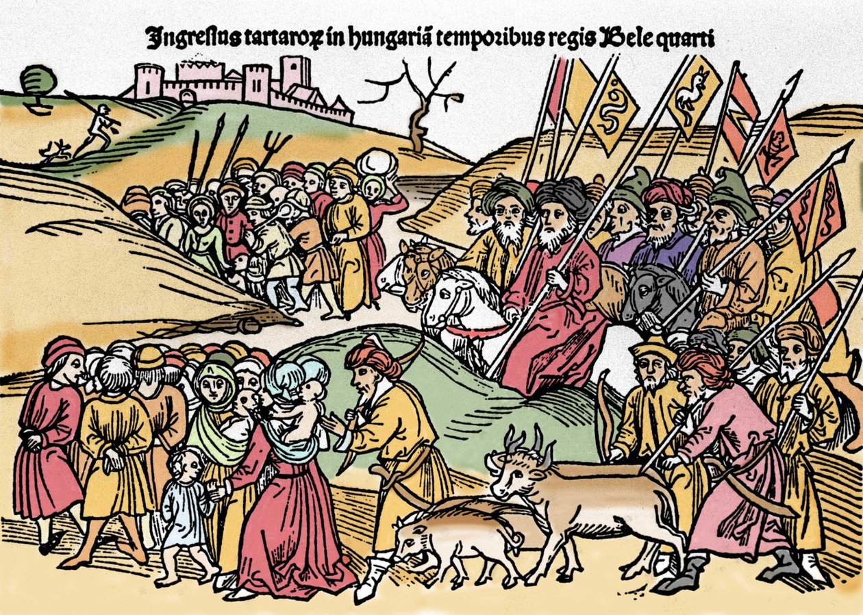 Tartarernas intåg i Ungern under Bela IV (1235-1270) av Ungern. Gravyr från "Chronica Hungariae". Biblioteca Marciana, Venedig. av Unknown artist