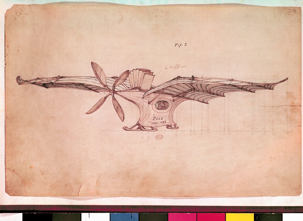 Eole flygmaskin. Representation av Clement Aders plan. Anonym teckning omkring 1882-1889. Paris, luftmuseet av Unknown artist