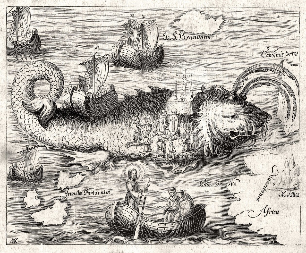 Avsnitt av Legenden om Saint Brandan (Brendan): en fantastisk resa för den irländska abbeden från 600-talet på jakt efter ett jordiskt paradis. Tryck från 1621. av Unknown artist