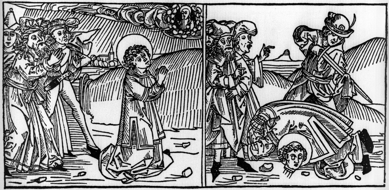 Avsnitt av Saint Donats liv (död omkring 355) Gravyr från "Leben der Heiligen - sommerteil" (Helgonets bok) av Jacobus (James) av Voragine (1228-1298). Lübeck 1488. av Unknown artist