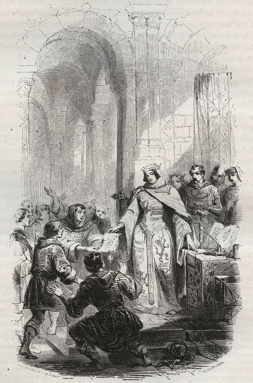 Ermesinde, grevinna av Luxemburg - Portostadga beviljad av Ermesinde Iere av Luxemburg till Luxemburgs invånare 1243 - Gravyr från 1868 i "Belgiens historia från primitiva tider till slutet av Leopold I" av Theodore Juste (1818-1888) - av Unknown artist