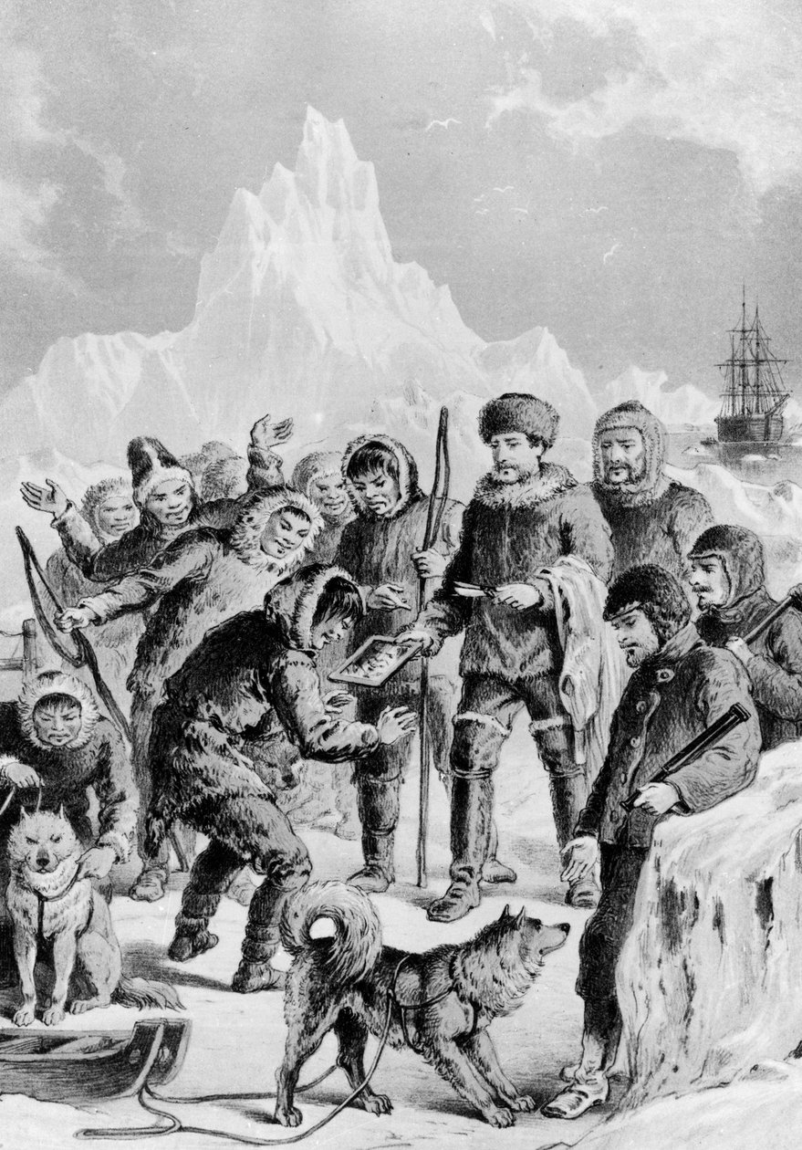 Eskimåer som upptäcker en spegel medförd av expeditioner - Artic Expedition från brittiska och utländska kuster från de tidigaste till expeditionerna 1875. av Unknown artist