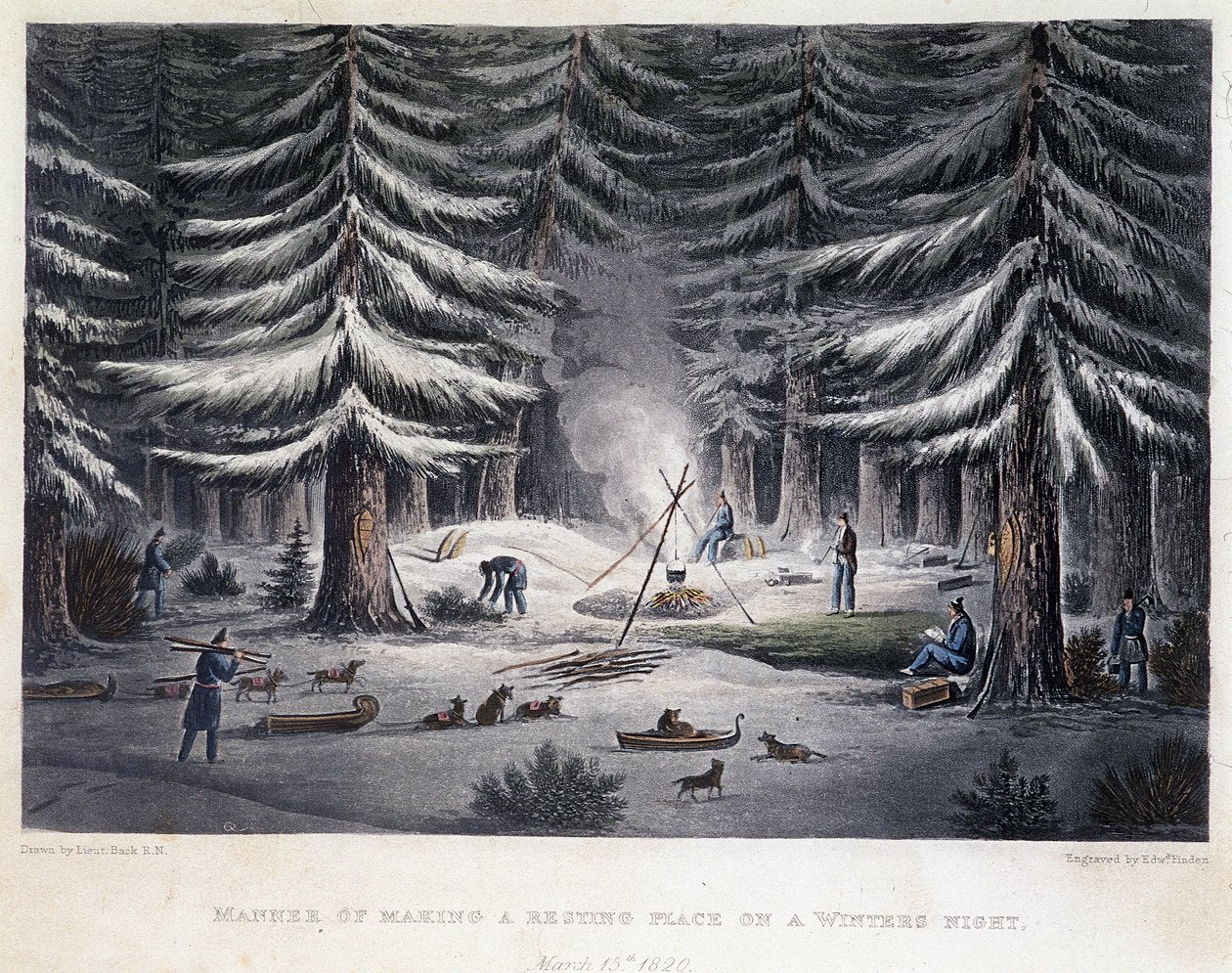 Etablering av ett läger under en vinternatt - i "" Berättelse om en resa till polarhavets stränder åren 1819-1821", av John Franklin, red. London av Unknown artist