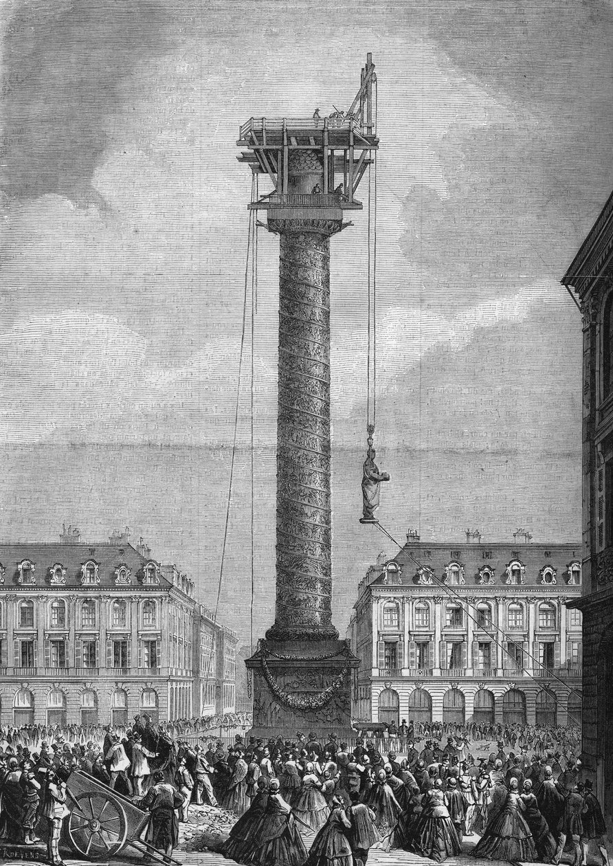 Etablering av den nya statyn (som representerar Napoleon I) ovanför kolonnen på Place Vendome i 1:a arrondissementet i Paris den 4 november av Unknown artist