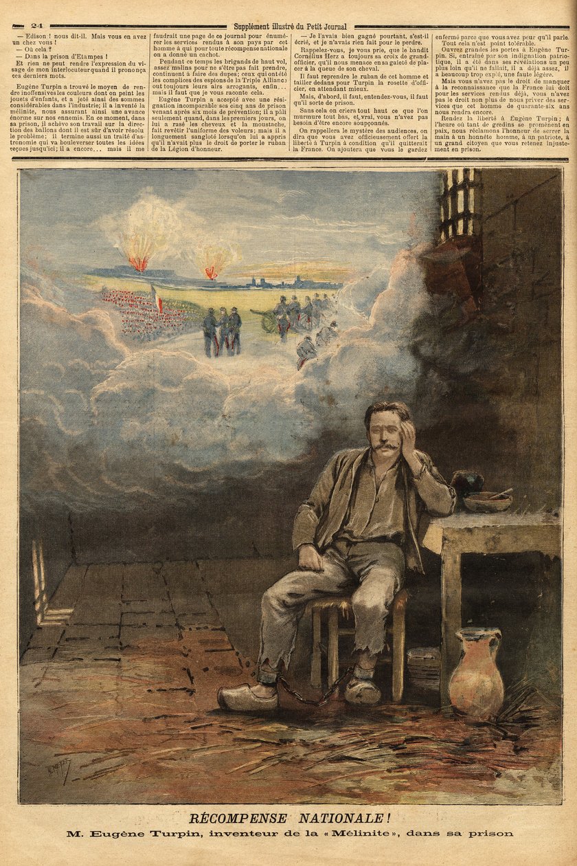 Eugene Turpin (1848-1927) kemist, uppfinnare 1884 av melinit (en sprängämne), i sin cell, anklagad (felaktigt) för att ha sålt sin uppfinning till fienden. Han inspirerar Jules Verne till karaktären Thomas Roch i romanen "Face au drapeau". Gravering i av Unknown artist