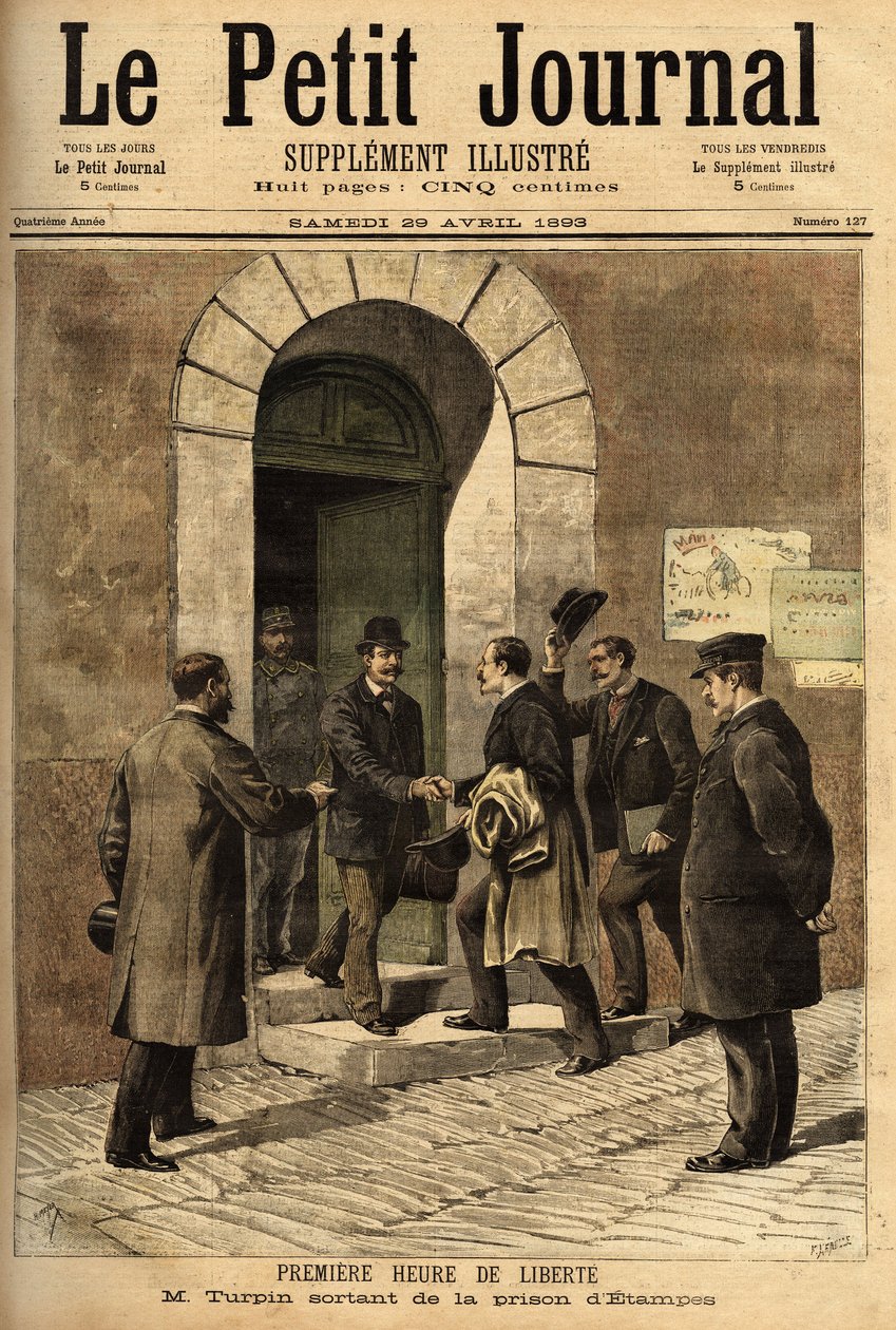 Eugene Turpin (1848-1927), kemist, uppfinnare 1884 av melinit (en sprängämne), orättvist anklagad för att ha sålt sin uppfinning till fienden, var oskyldig och befriad från Etampes fängelse. Gravyr i "" Le petit journal"" 1893-04-29. Selvas samling av Unknown artist