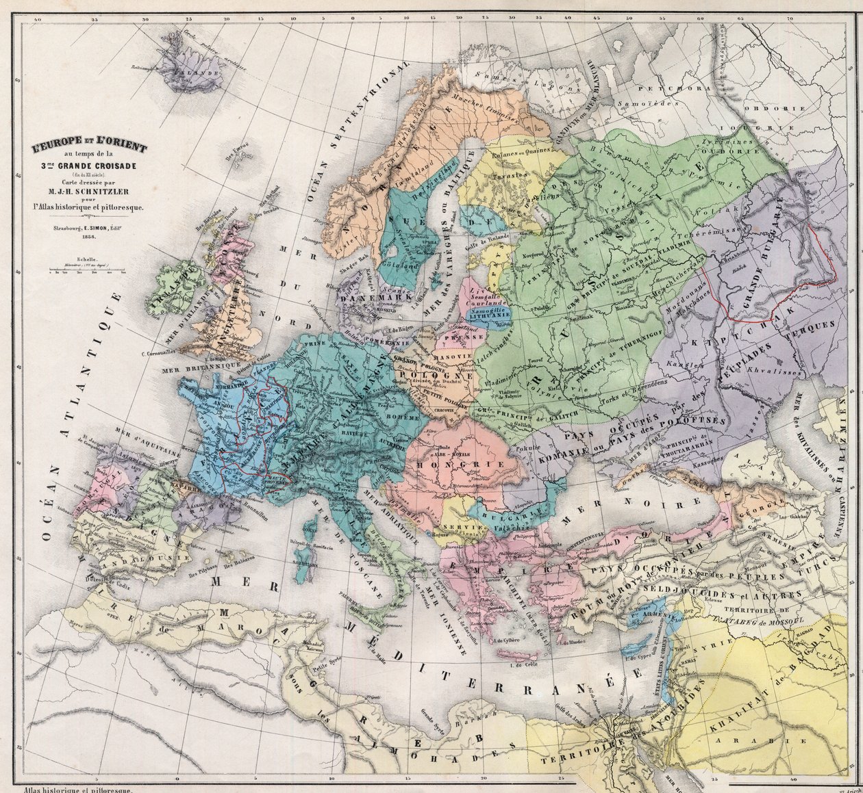 Europa och Orienten vid tiden för det 3:e stora korståget i slutet av 1200-talet - Karta utarbetad av M J-H Schnitzler, Historical and Picturesque Atlas 1858 av Unknown artist