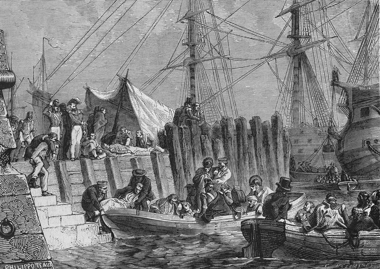 Evakuering av Flesringe av engelsmännen 1802: ombordstigning av sjuka - i "Histoire de France"" av Henri Martin, sd. 1800-talet. av Unknown artist