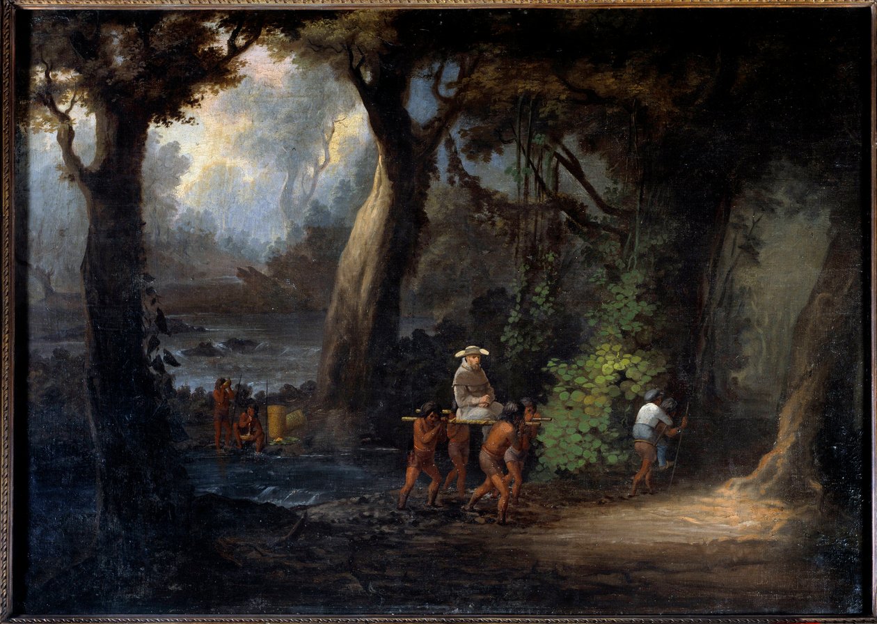 Evangelisation: "" Banks missionärer i Sydamerika bärs av indianerna""" Anonym 1800-talsmålning. La Rochelle, New World Museum av Unknown artist