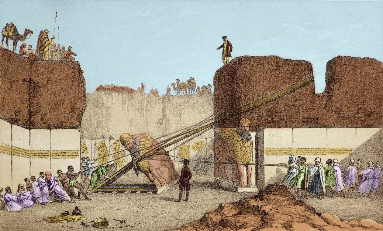 Utgrävningar av Nineve (Nineve) - Ruinerna av Nimrud (Nimroud) av Henri Layard (efter hans resa till Mesopotamien på 1800-talet); ersättning av den stora tjurvingen -Sändningen av en bevingad tjur från Nimrud, under utgrävningarna av Sir Austen Henry av Unknown artist