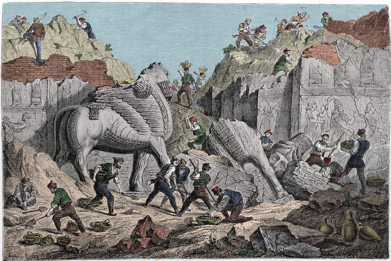 Utgrävningar utförda av Paul-Emile (Paul Emile) Botta, Frankrikes konsul i Nineve på platsen för Khorsabad (Khunsabad), tidigare assyriska huvudstaden norr om Mosul. Irak. Gravyr av 1800-talet. av Unknown artist