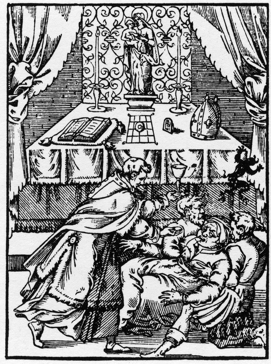 Exorcism: en demon lämnar kroppen av en häxbesatt medan en präst erbjuder honom nattvard - Gravering av "" underbara berättelser" av Pierre Boaistuau av Unknown artist