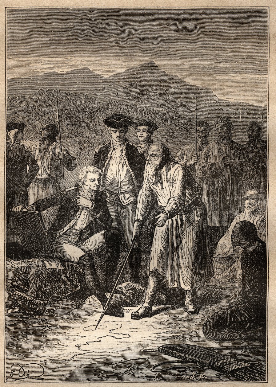 Expedition Around the World (1785-1788) av Jean Francois Galaup de La Perouse (1741-1788): sjömännen går i land på ön Saghalian (Sakhaline) möter en gammal man som ritade dem en karta över Tartaria - illustrationen hämtad från "The Great Sjömän från 1700-t av Unknown artist