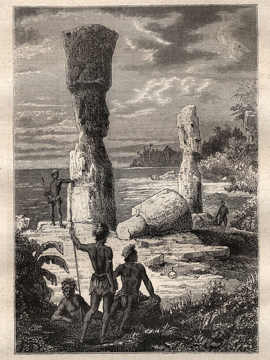 Expedition runt om i världen (1785-1788) av Jean Francois Galaup de La Perouse (1741-1788): ursprungsbefolkningen på Påskön som tittar på monumentala statyer (Moai) - illustration hämtad från "The Great Mariners of the 18th century"" av Unknown artist