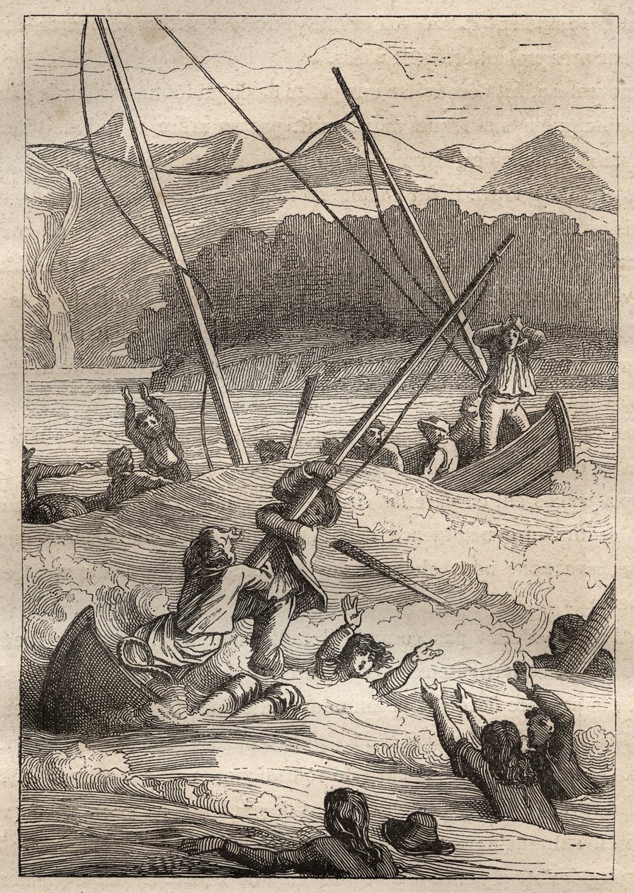 Expedition runt om i världen (1785-1788) av Jean Francois Galaup de La Perouse (1741-1788): skeppsbrott av båtarna i franskans hamn (Alaska) - illustration hämtad från "The Great Mariners of the 18th century" av Unknown artist