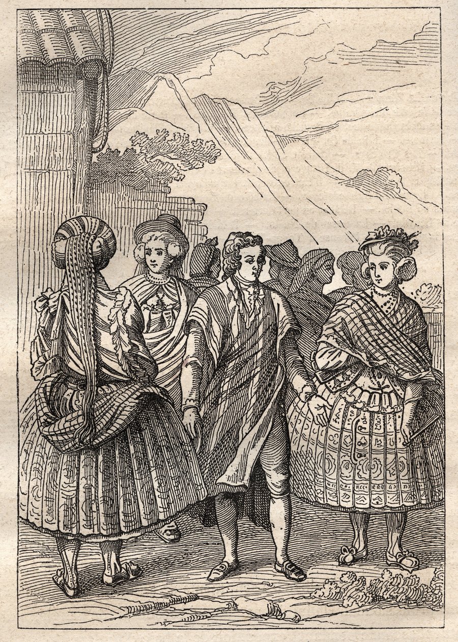 Expedition runt om i världen (1785-1788) av Jean Francois Galaup de La Perouse (1741-1788): kostymer av invånarna i Concepcion (Chile) - illustration hämtad från "The Great Mariners of the 18th century"" av Unknown artist