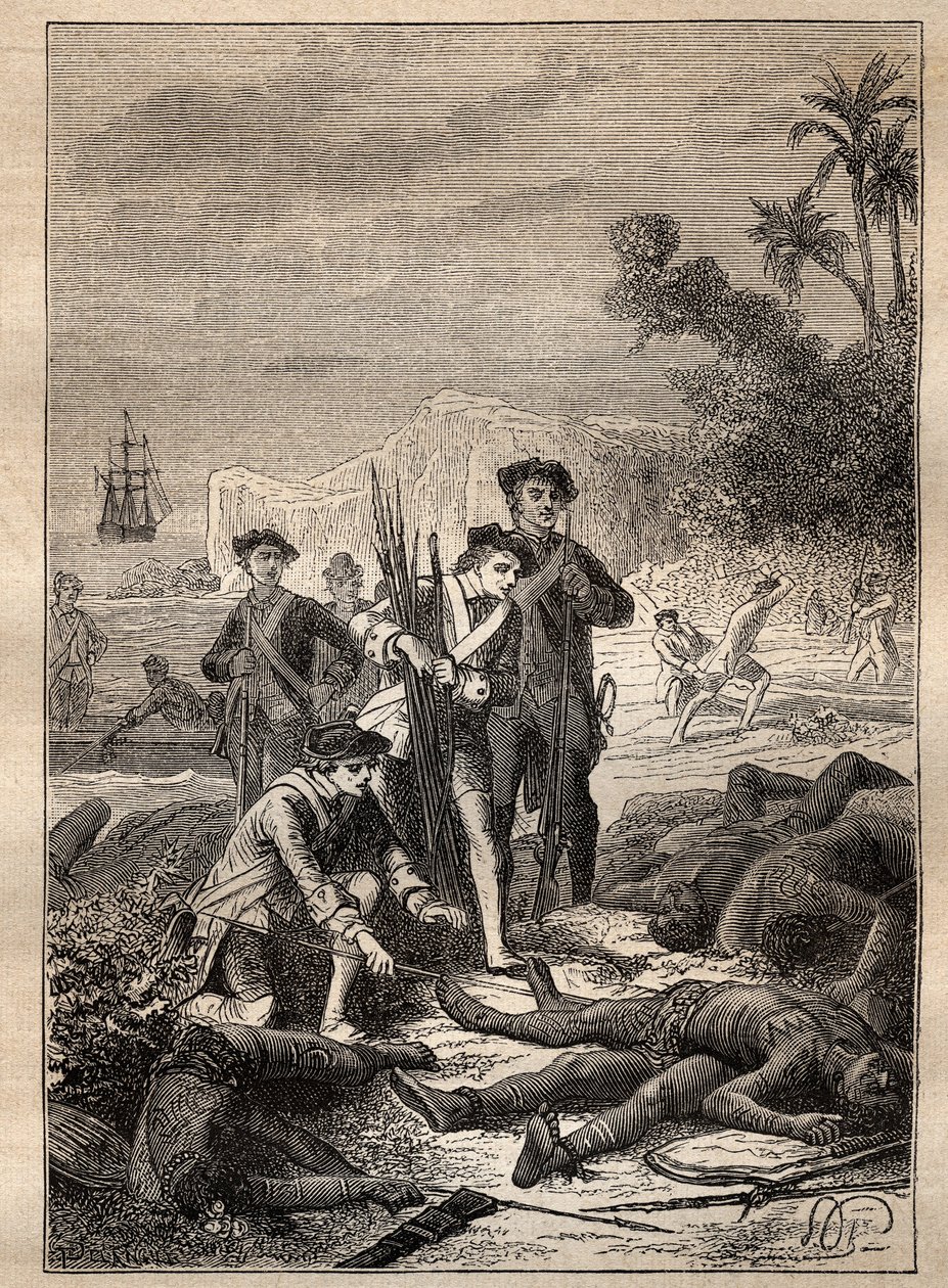 Expedition av Jean Francois de Survillle (1717-1770) i Söderhavet (1769-1770): sjömännen i Surville samlar in vapen från ursprungsbefolkningen som dog under striden (Nya Irland, Papua Nya Guinee) - illustration hämtad från " De stora sjöfararna av Unknown artist
