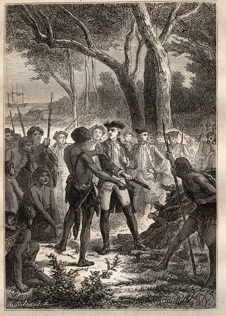 Expedition av Nicolas Thomas Marion-Dufresne (Marion Dufresne) (1729-1772): Marion gick i land i Frederick Henry Bay (Tasmanien) och erbjöds en brandon antänd av ursprungsbefolkningen - illustrationen hämtad från "The Great Mariners of the 18th century"" av Unknown artist