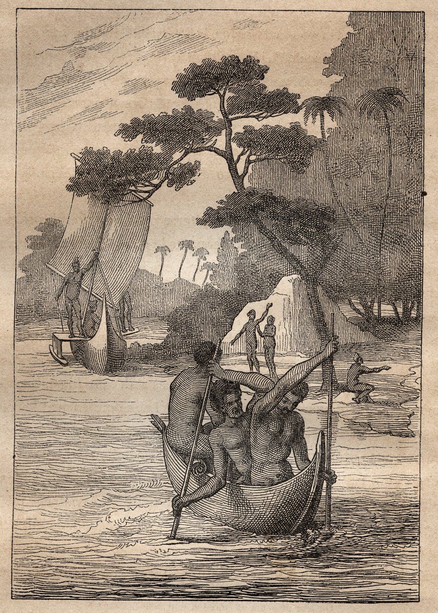 Expedition av Nicolas Thomas Marion-Dufresne (Marion Dufresne) (1729-1772): kanoter från öarna Admiraut (Bismarck Archipelago, Papua Nya Guinea) - illustration hämtad från "" The Great Mariners of the 18th century""" av Unknown artist