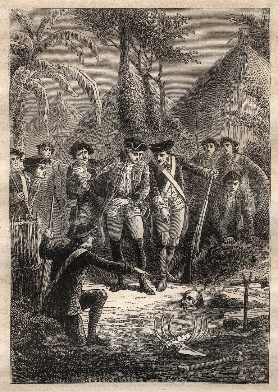 Expedition av Nicolas Thomas Marion-Dufresne (Marion Dufresne) (1729-1772): på jakt efter Marion och deras försvunna kamrater upptäcker sjömän en dödskalle och mänskliga kvarlevor i byn Tacouri (Matuaro Island, Nya Zeeland) - illustration hämtad från " Den av Unknown artist