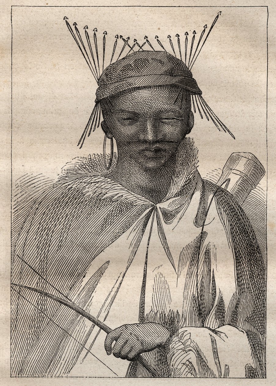 Expedition till det inre av Sydafrikas länder (1775) av Anders Sparrman (1748-1820): en boschiman (Bochiman eller San, ursprungsbefolkning i södra Afrika) - illustration hämtad från "The Great Mariners of the 18th century"" av Unknown artist