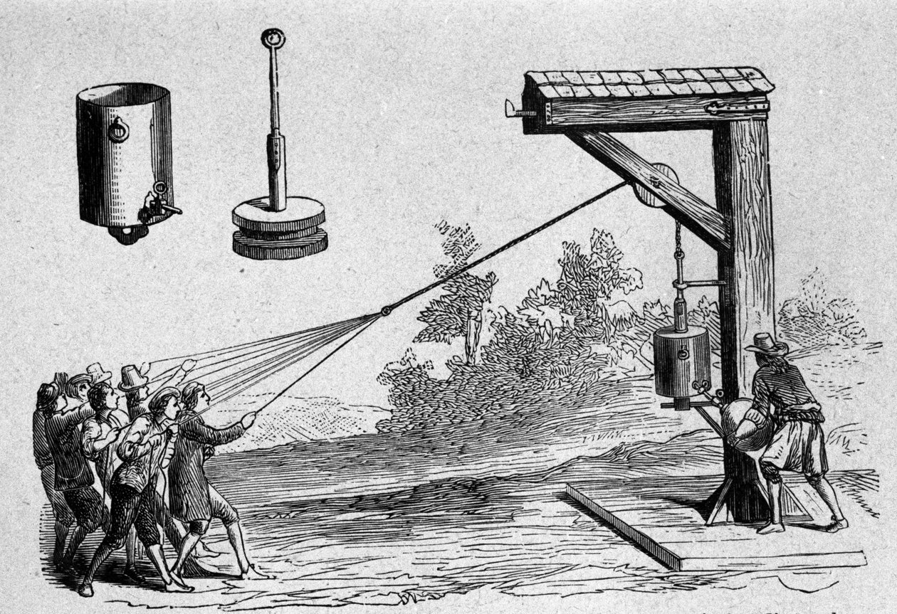 Erfarenhet utförd i närvaro av prins Auerberg på det pneumatiska vakuumet av den tyske vetenskapsmannen Otto von Guericke för att beräkna atmosfärstrycket 1654 Platta hämtad från "Ottonis de Guericke: Experimenta Nova Magdeburgica de vacuo spatio" av O av Unknown artist