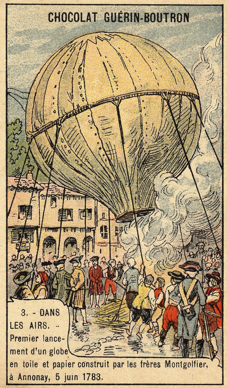 Upplevelse av den 5 juni 1783 av bröderna Montgolfier på Annonay.Chromo i slutet av 1800-talet. av Unknown artist