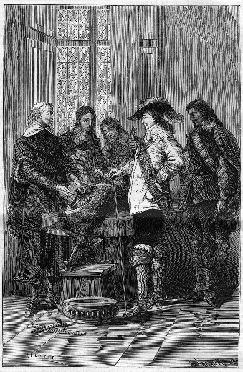 Erfarenhet av William Harvey (1578-1657), engelsk läkare som visar Charles I Stuart (1600-1649) kung av England och läkare vid Royal College of London fenomenet blodcirkulation på en levande doe. Gravyr i "" La Nature"" av Unknown artist