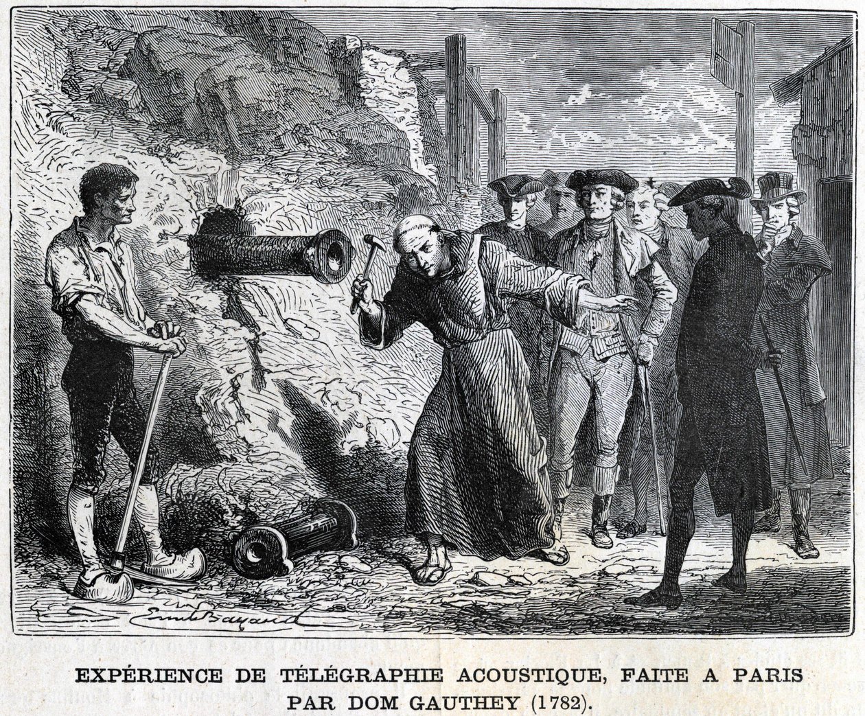 Experiment i akustisk telegrafi, gjord i Paris av Gauthey 1782, gravering från 1800-talet, Bianchetti-samlingen. av Unknown artist