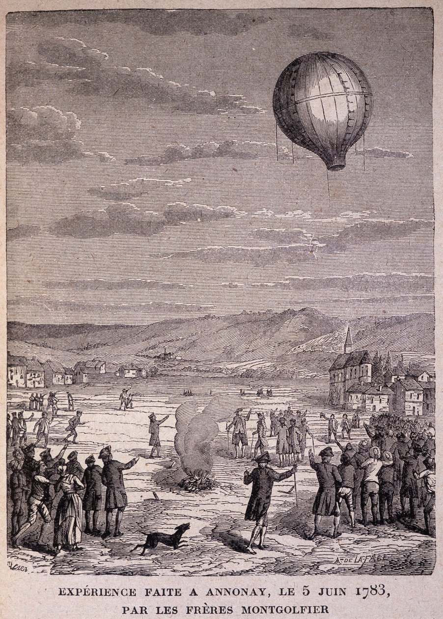 Experiment gjort på Annonay den 5 juni 1783 av Montgolfier Brothers - i "" Les Contemporains", n.d. sent 1800-tal. av Unknown artist