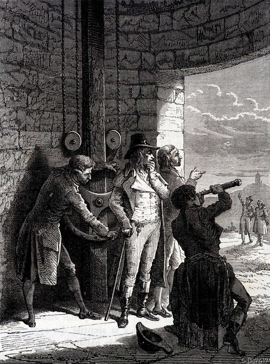 Experiment med Chappe-telegrafen som gjordes den 12 juli 1793, från Ménilmontant till Saint-Martin-du-Tertre inför konventets kommissionärer - i "" Industrins underverk"" av Louis Figuier av Unknown artist