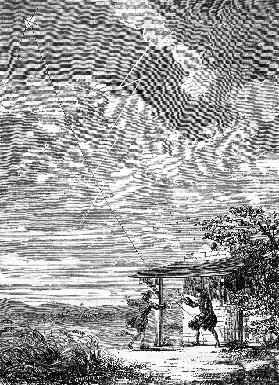 Experiment av den elektriska draken gjord i Philadelphia av Benjamin Franklin, september 1752 - gravyr av Unknown artist