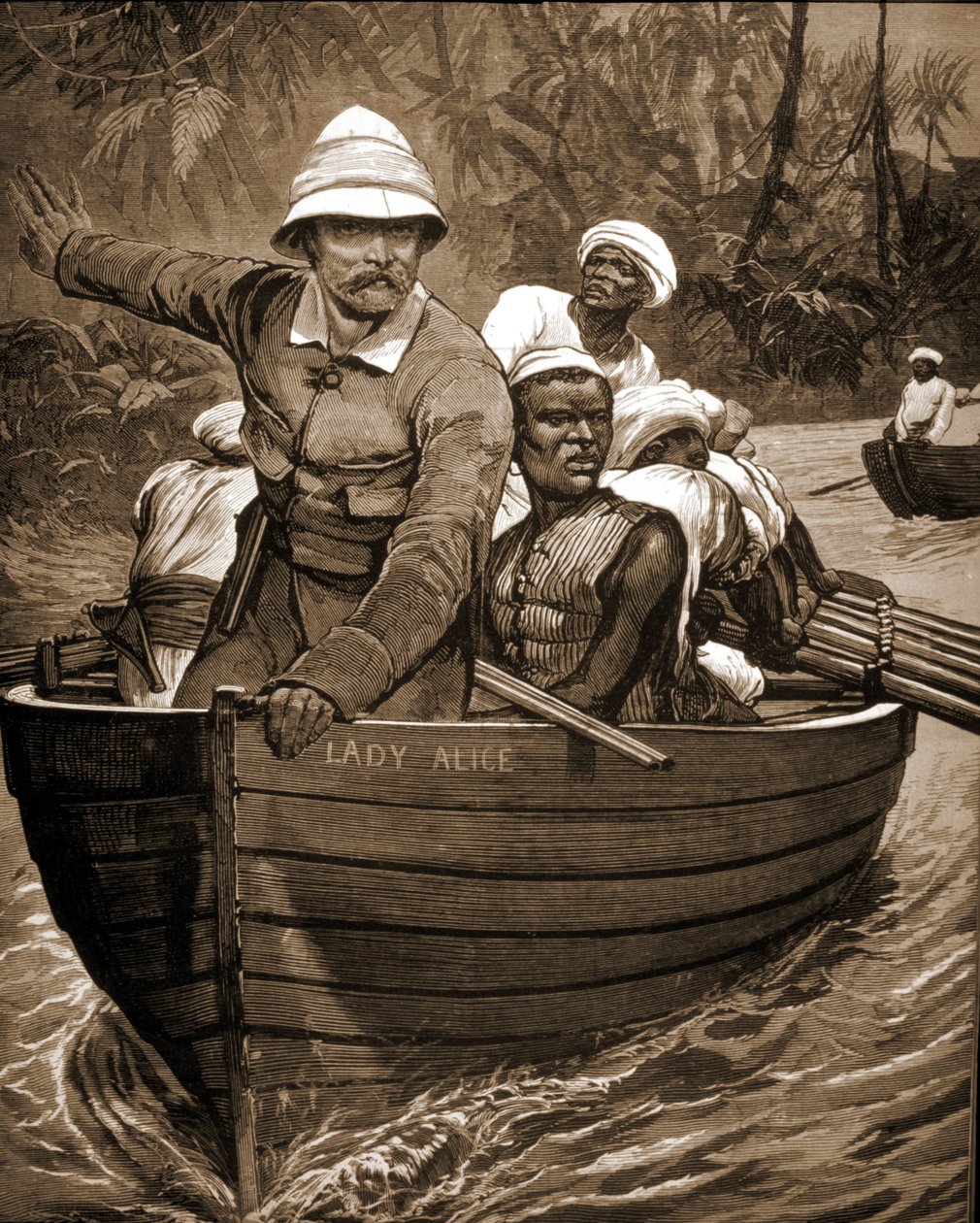 Utforskning av Sir Henry Morton Stanley (1841-1904), brittisk upptäcktsresande, ombord på "Lady Alice". av Unknown artist