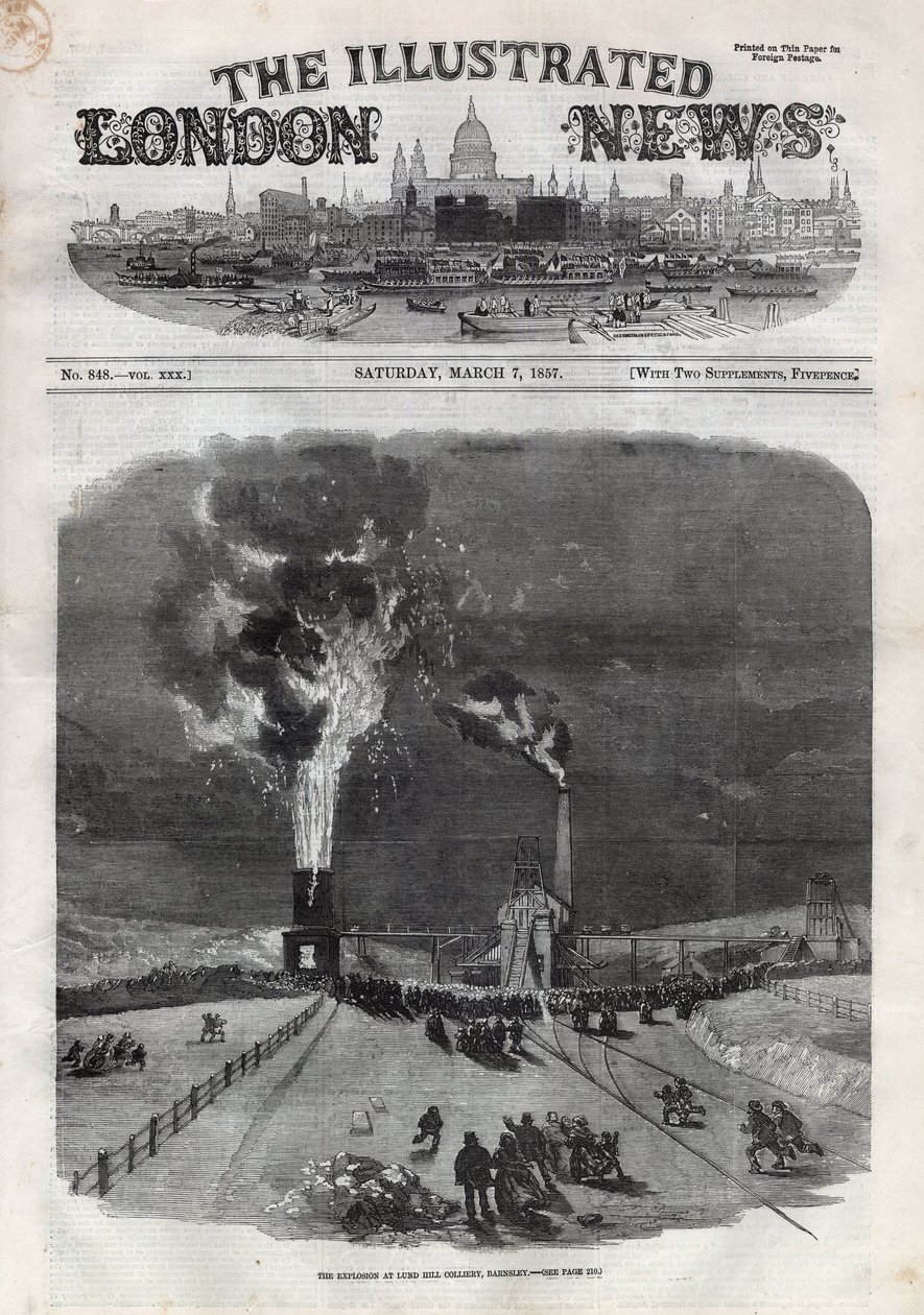 Explosion vid kolgruvan Lund Hill (Lundhill) i Barnsley, England. En tidning. Gravyr i "" The Illustrated London News"" av 7 mars av Unknown artist