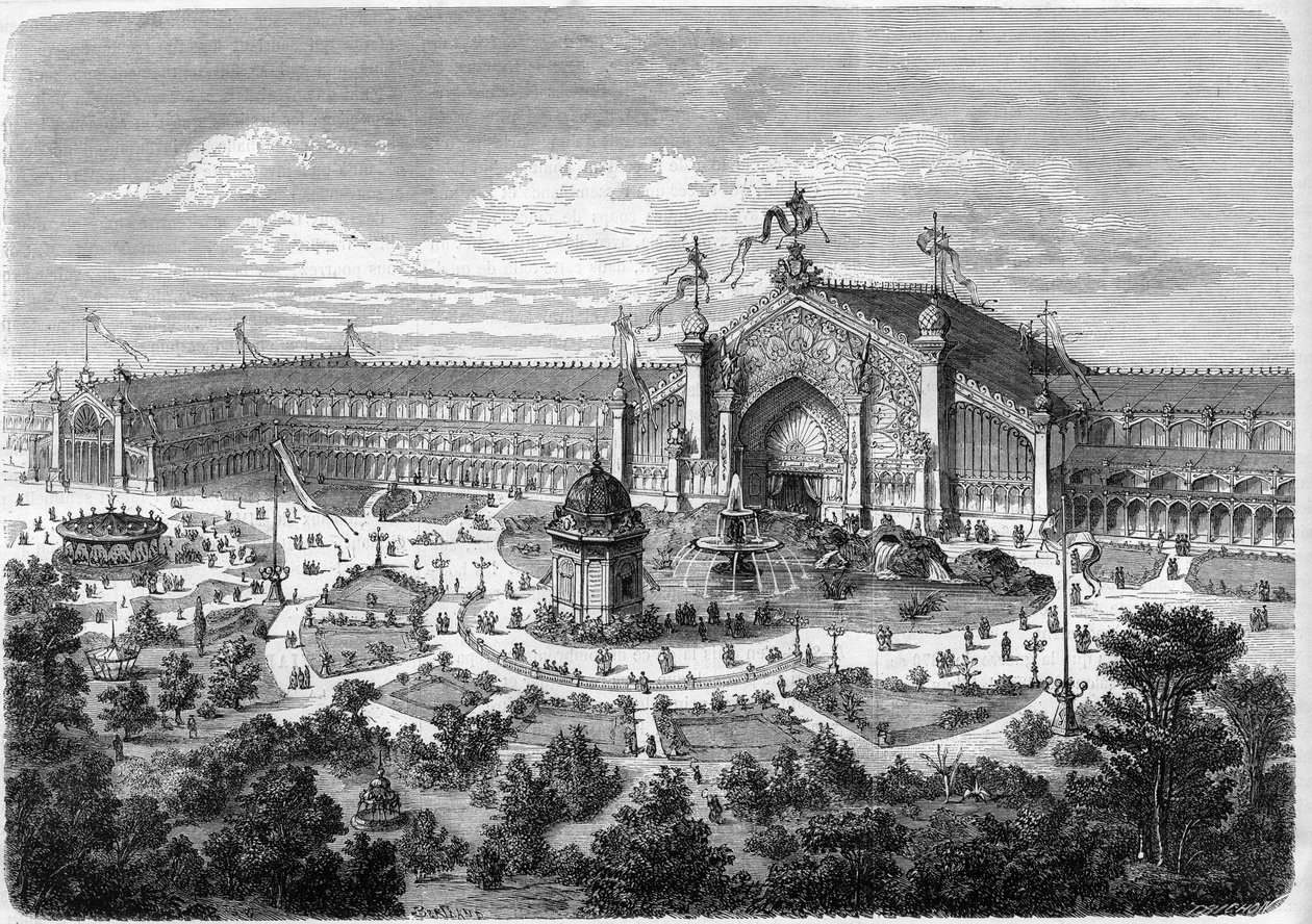 Exposition Universelle de Lyon: gallerierna sett från parken. Gravyr i "" L