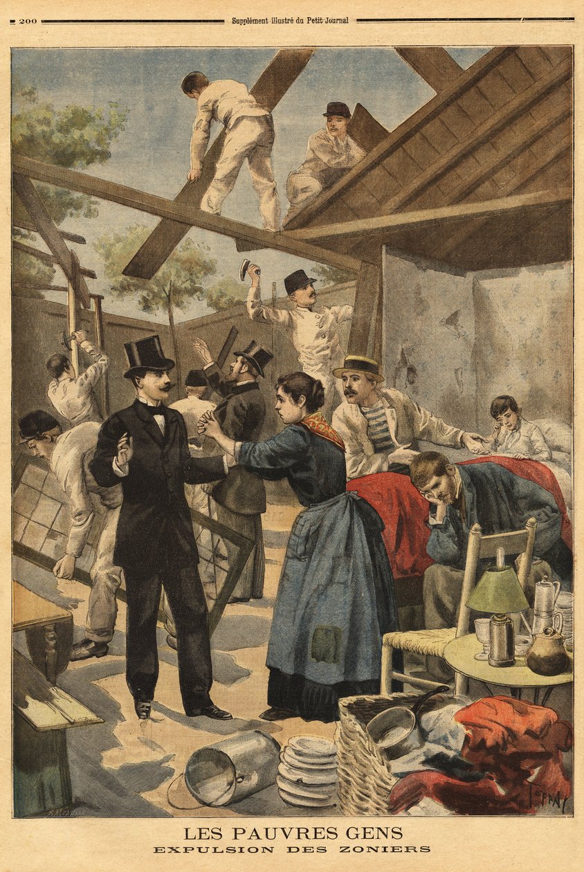 Utvisning och inslag av barackerna uppsatta på militärzonen vid Gentillyporten. Illustration i "" Le petit journal"" 1895-06-23. av Unknown artist