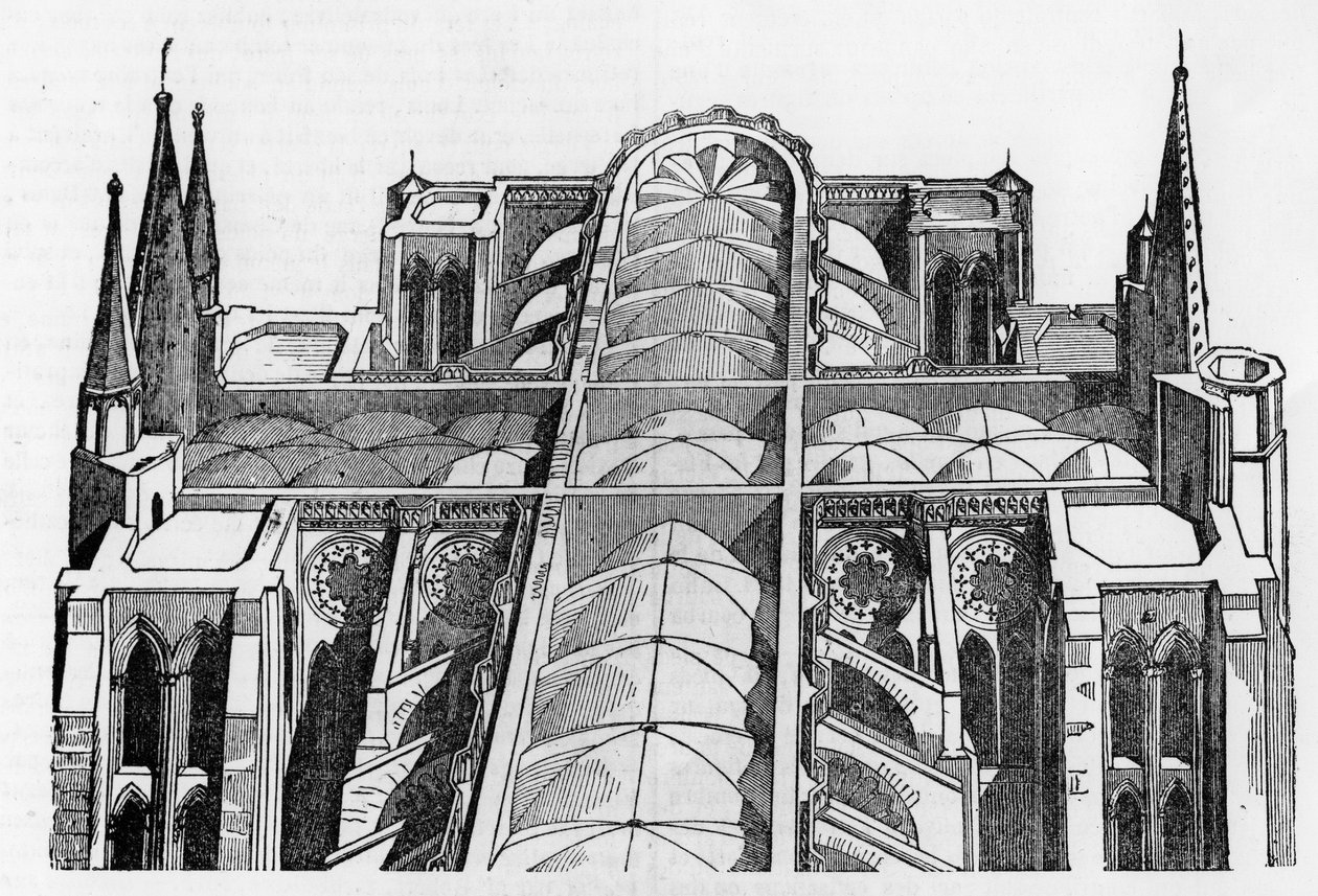 Exteriör och övre delen av Cathedrale de Chartres (28) sedan branden den 4 och 5 juni - i "Le magasin picturesque", juli 1836. av Unknown artist