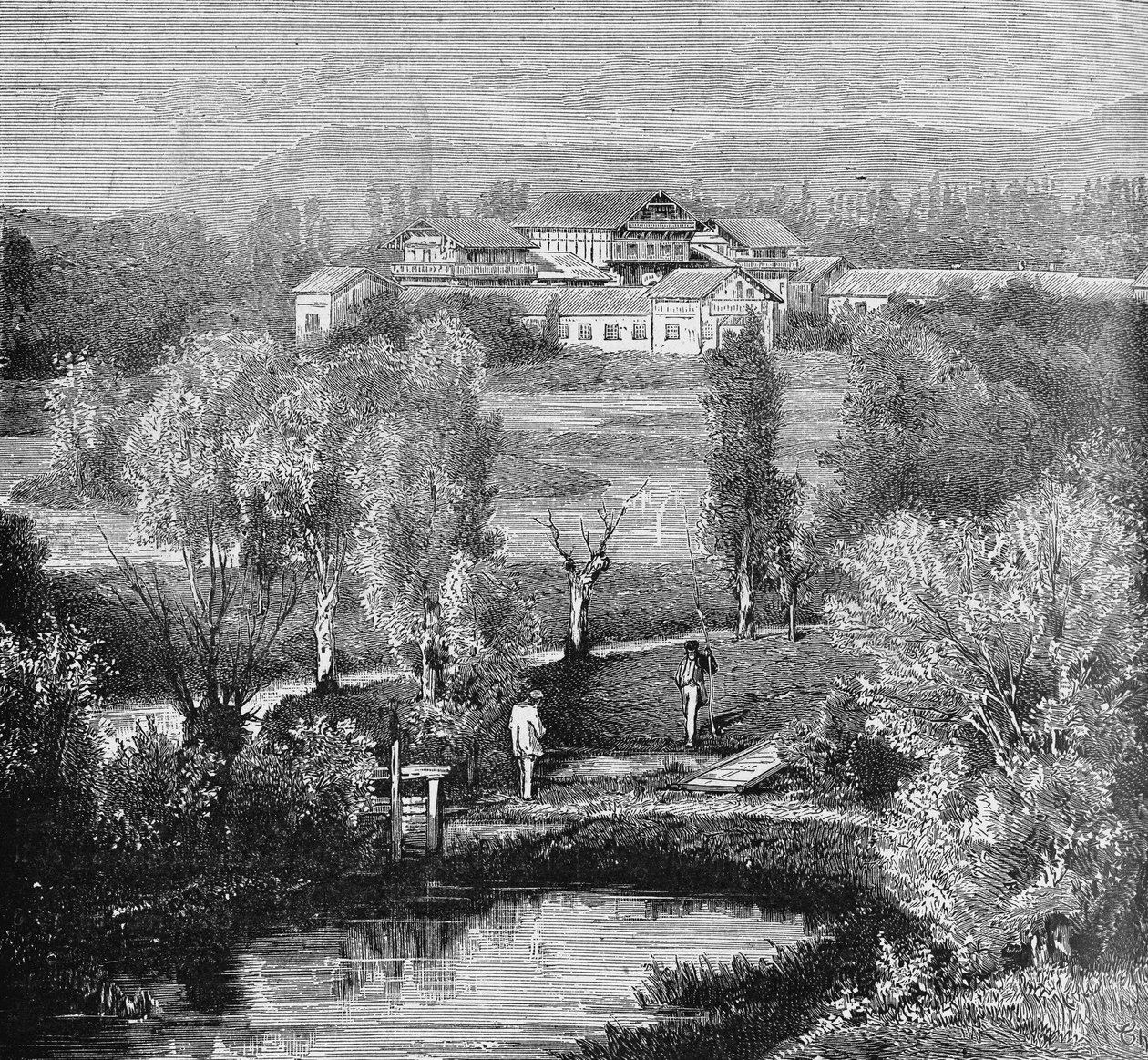 Exteriör vy av fiskodlingen Huningue. I "Album of Science", Editions Jouvet av Unknown artist
