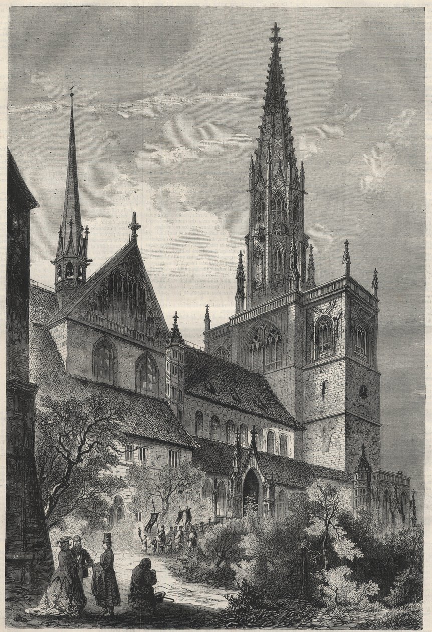 Exteriör vy av Notre Dame-katedralen i Constance, Tyskland. Gravyr i "The Universe illustrious" av Unknown artist
