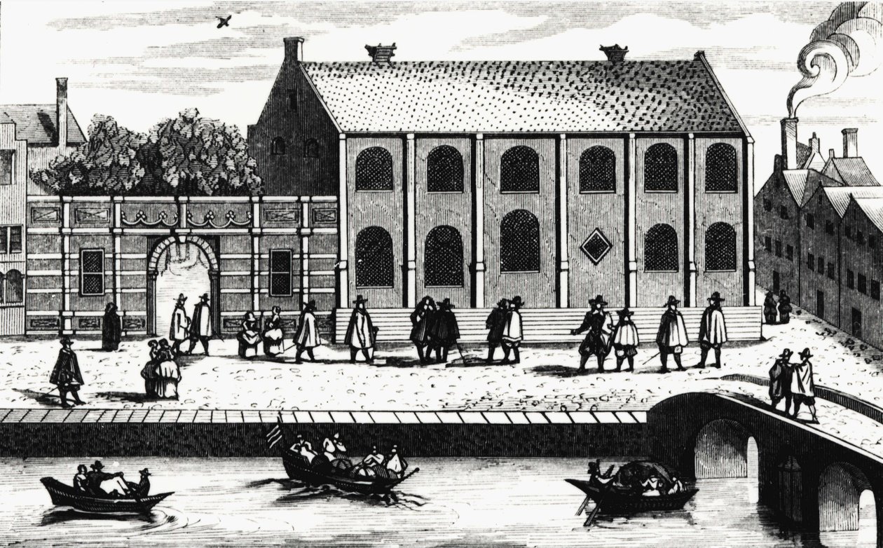 Exteriörvy av byggnaden vid universitetet i Leiden grundad 1575 av Guillaume de Nassau. Gravyr efter "" Illustrium Hollandiae, etc, Ordinum, Alma academia Leydensis"" av Unknown artist
