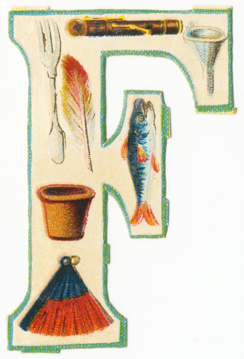 F: gaffel, flöjt, tratt, blomkruka, fjäder, fisk, fläkt (färg litho) av Unknown artist