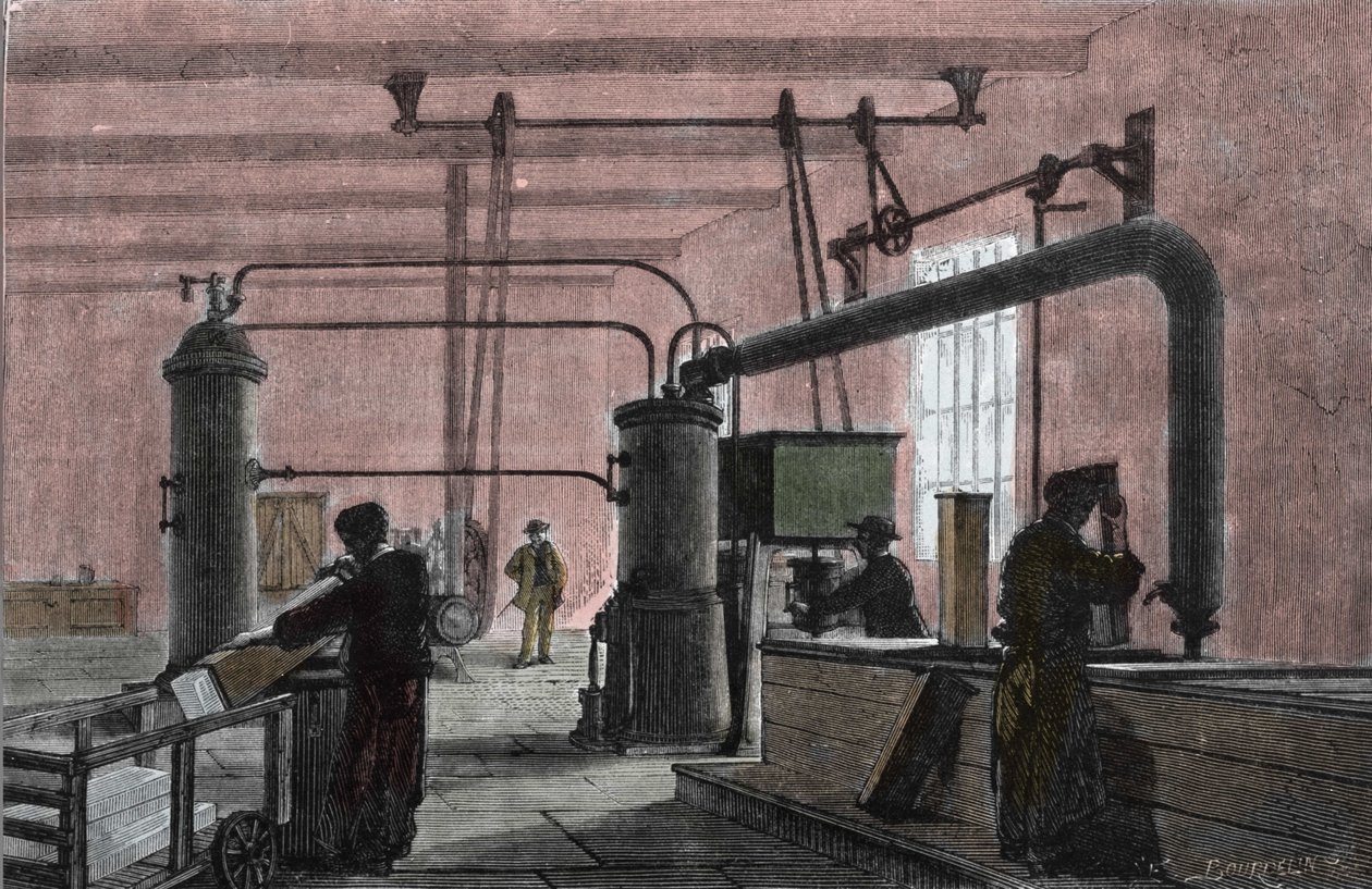 Fabrik för tillverkning av is med systemet av Ferdinand Carre (1824-1894). Gravyr av 1800-talet. av Unknown artist