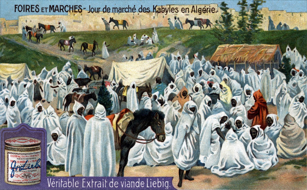 Mässor och marknader: Kabylmarknadsdag i Algeriet. Kromolitografi, Liebig-bild. av Unknown artist