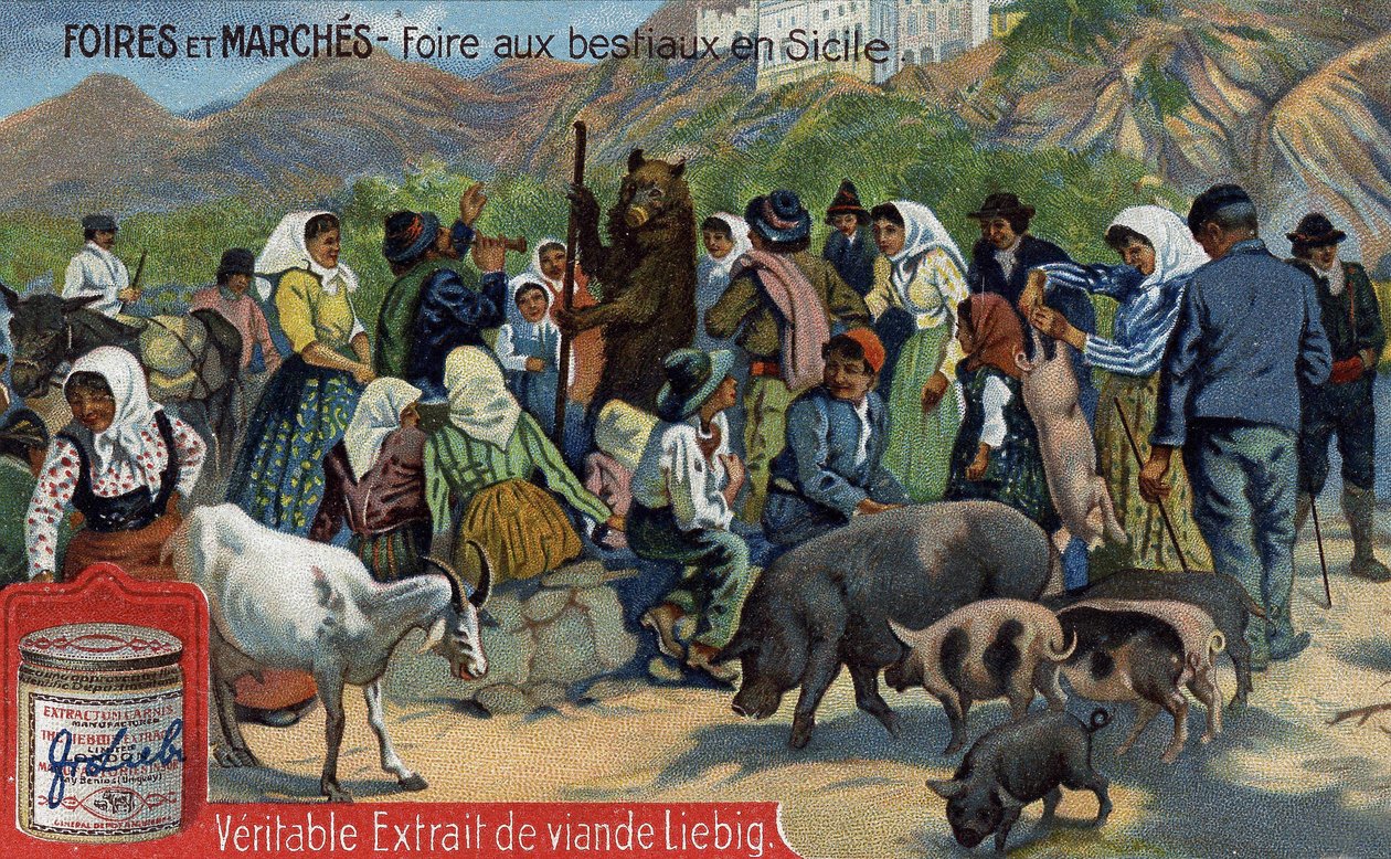 Mässor och marknader: boskapsmässa på Sicilien. Kromolitografi, Liebig-bild. av Unknown artist