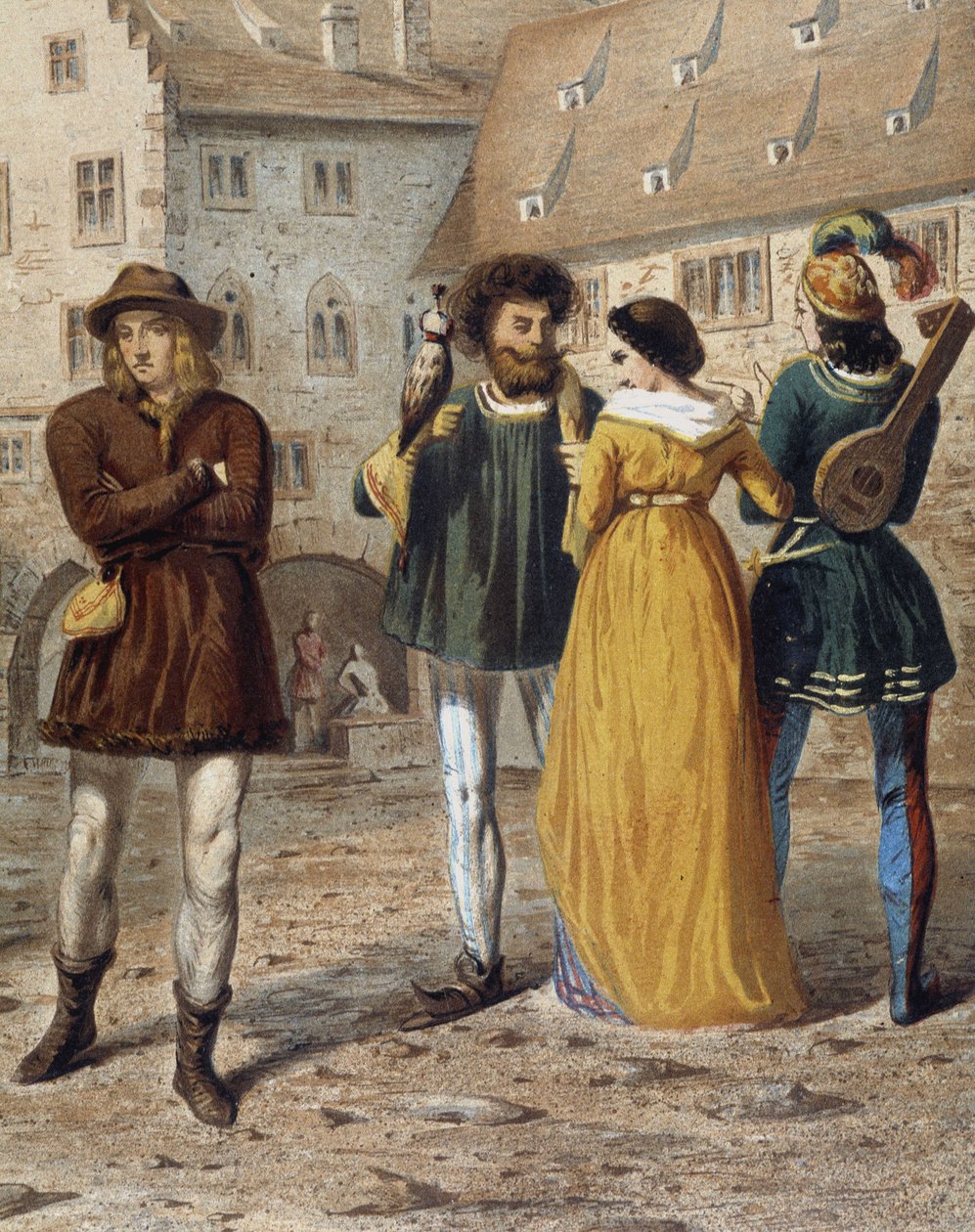 Falkonerare, dam och trubadur: gatubild i Strasbourg under medeltiden. av Unknown artist