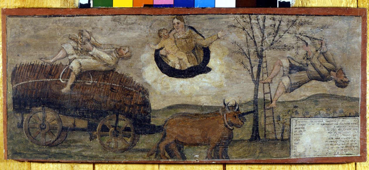 Fall av ett träd på en vagn fylld med hö. av Unknown artist